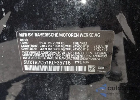 2019 BMW X3 Sdrive30I z USA, uszkodzony, nr VIN 5UXTR7C51KLF35716